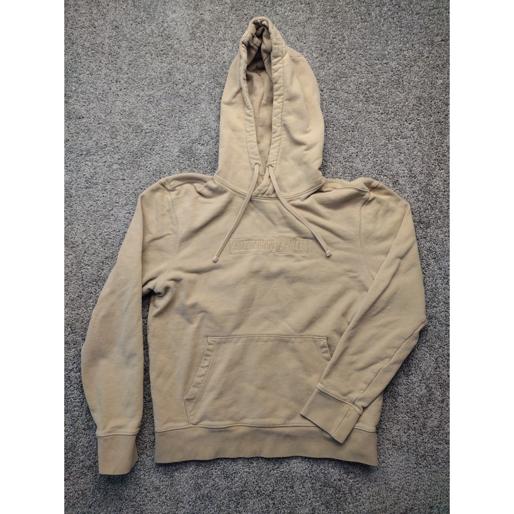 American Eagle Men's Medium Tan Hoodie Embroidered Spell Out Logo on Front